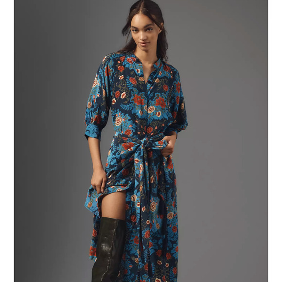 $298 NWT FARM RIO Blue & Red Arabesque Floral Midi Dress –  Medium - Picture 6 of 15